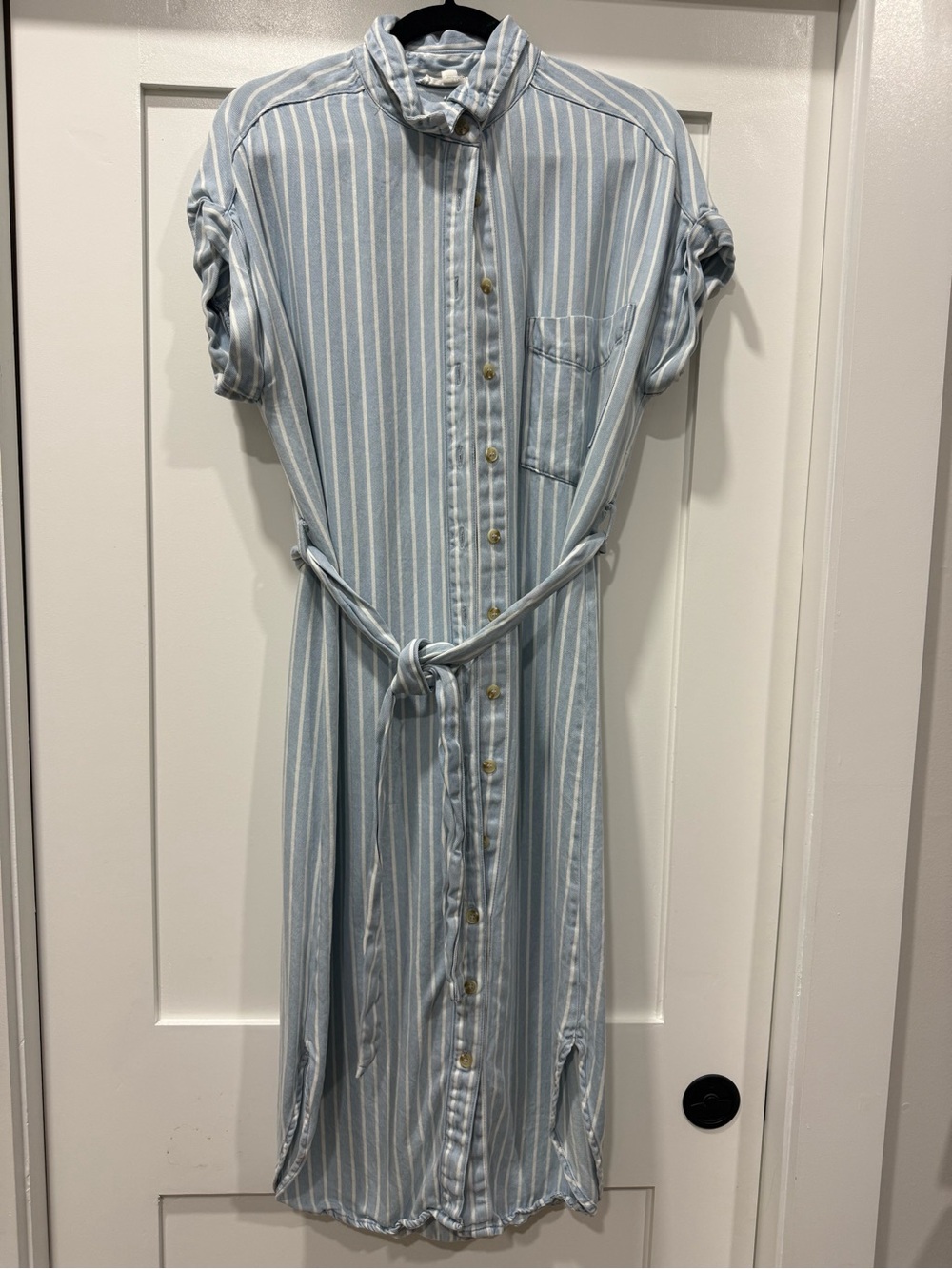Light Blue Striped Midi Shirt Dress with Waist Tie